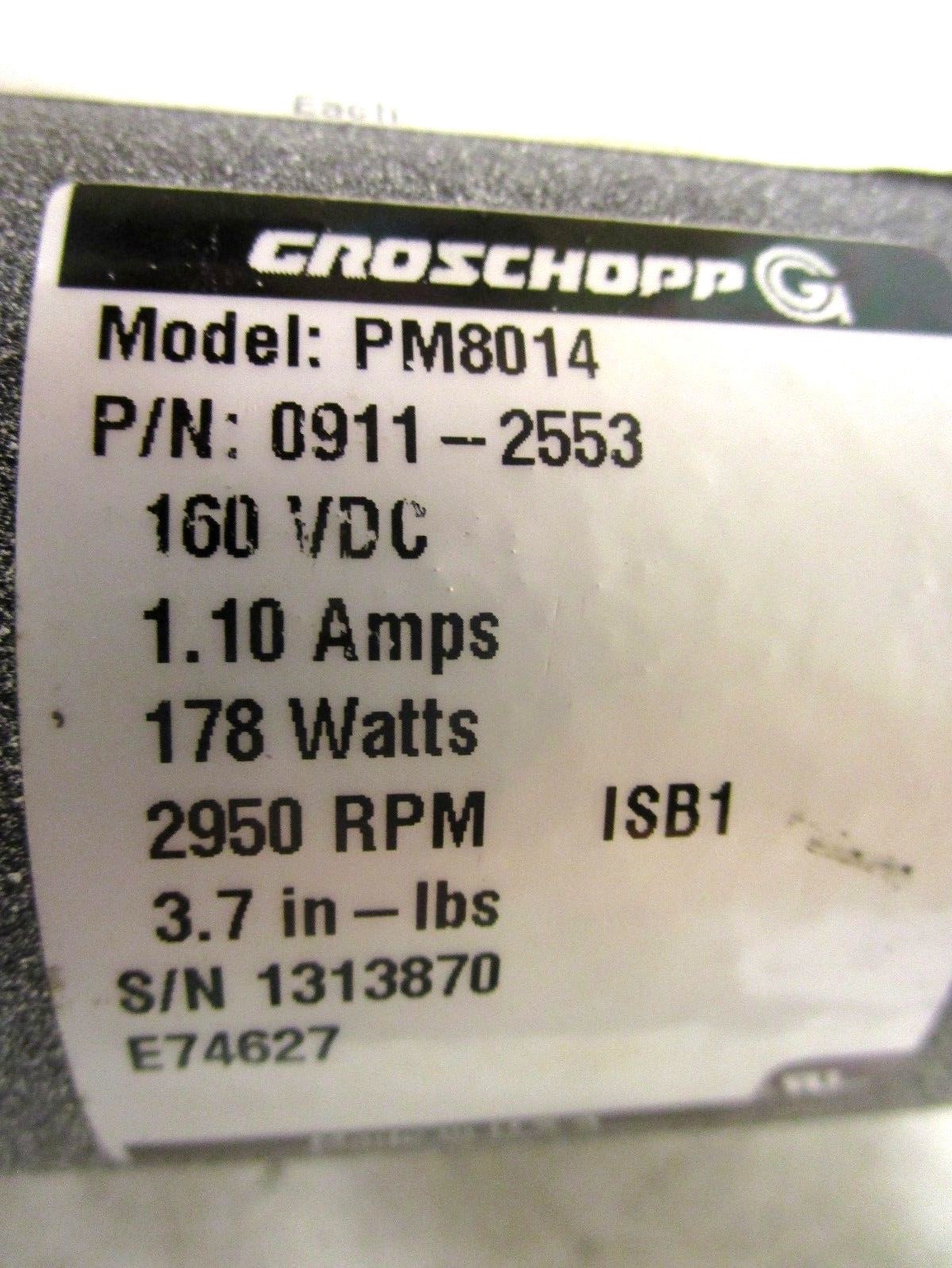 GROSCHOPP PM8014 0911-2553 160VDC DC MOTOR 1.10A 178W 2950 RPM 3.7IN-LBS
