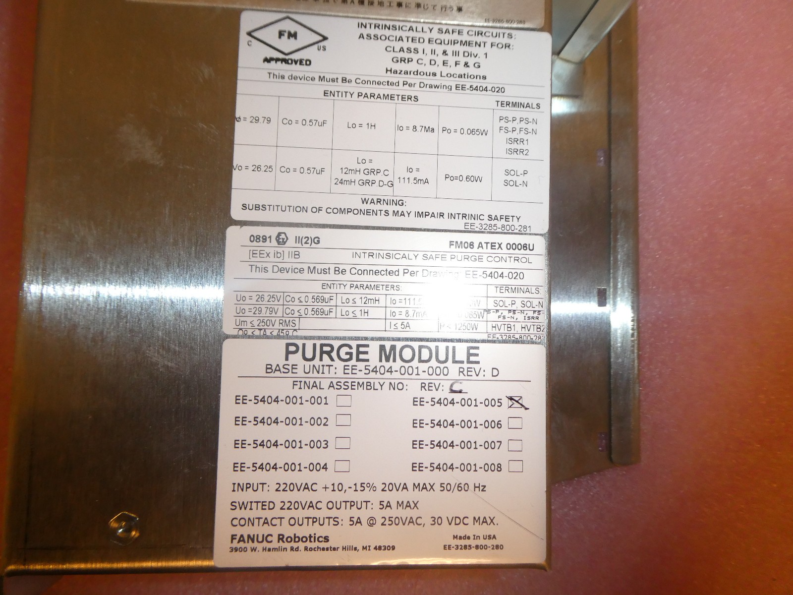PURGE MODULE II , EE-5404-001-005, FANUC ROBOTICS, 220VAC, 50/60 HZ, 2 FUSE