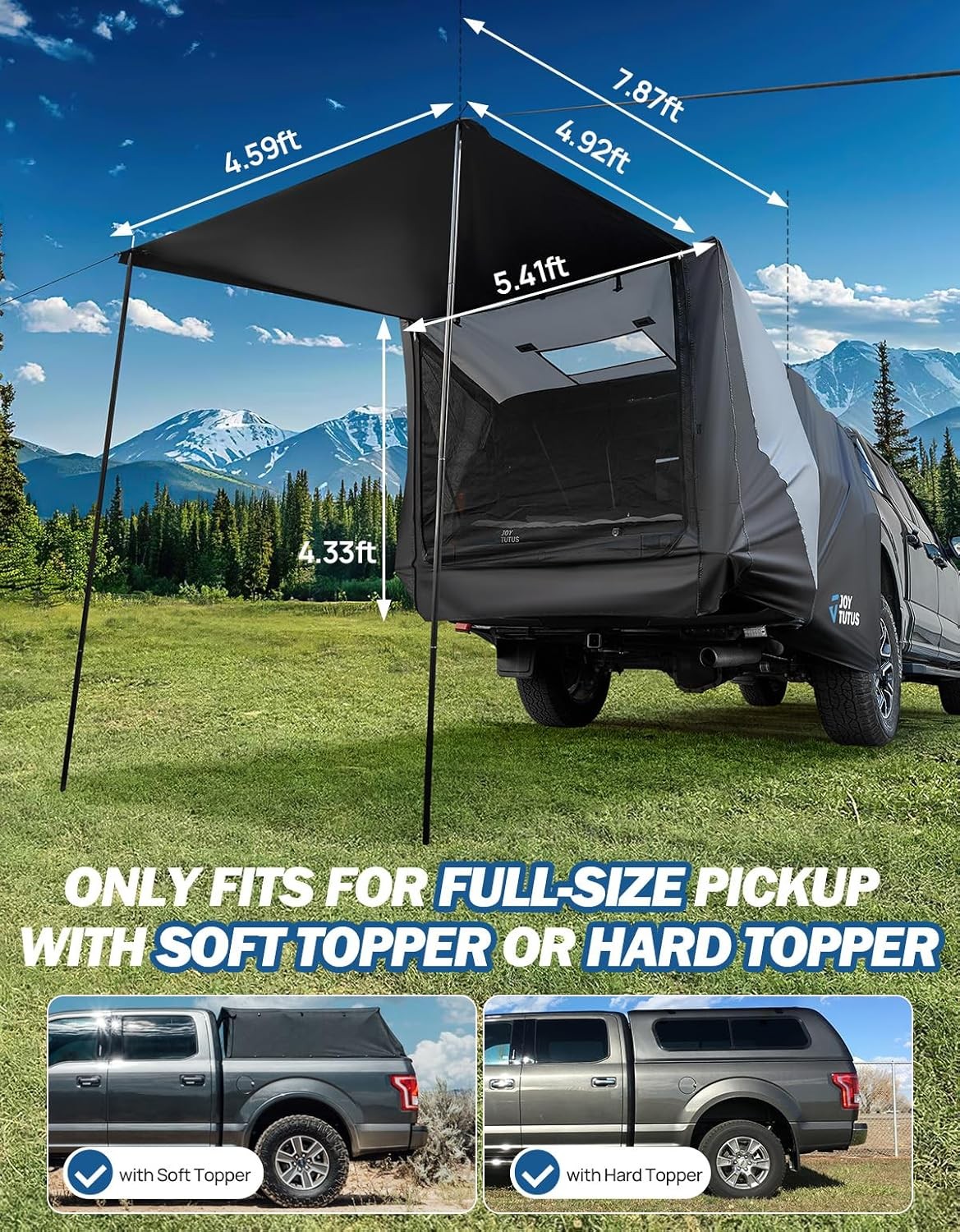 JOYTUTUS Truck Tent with Awning Tailgate Full-Size Soft Topper