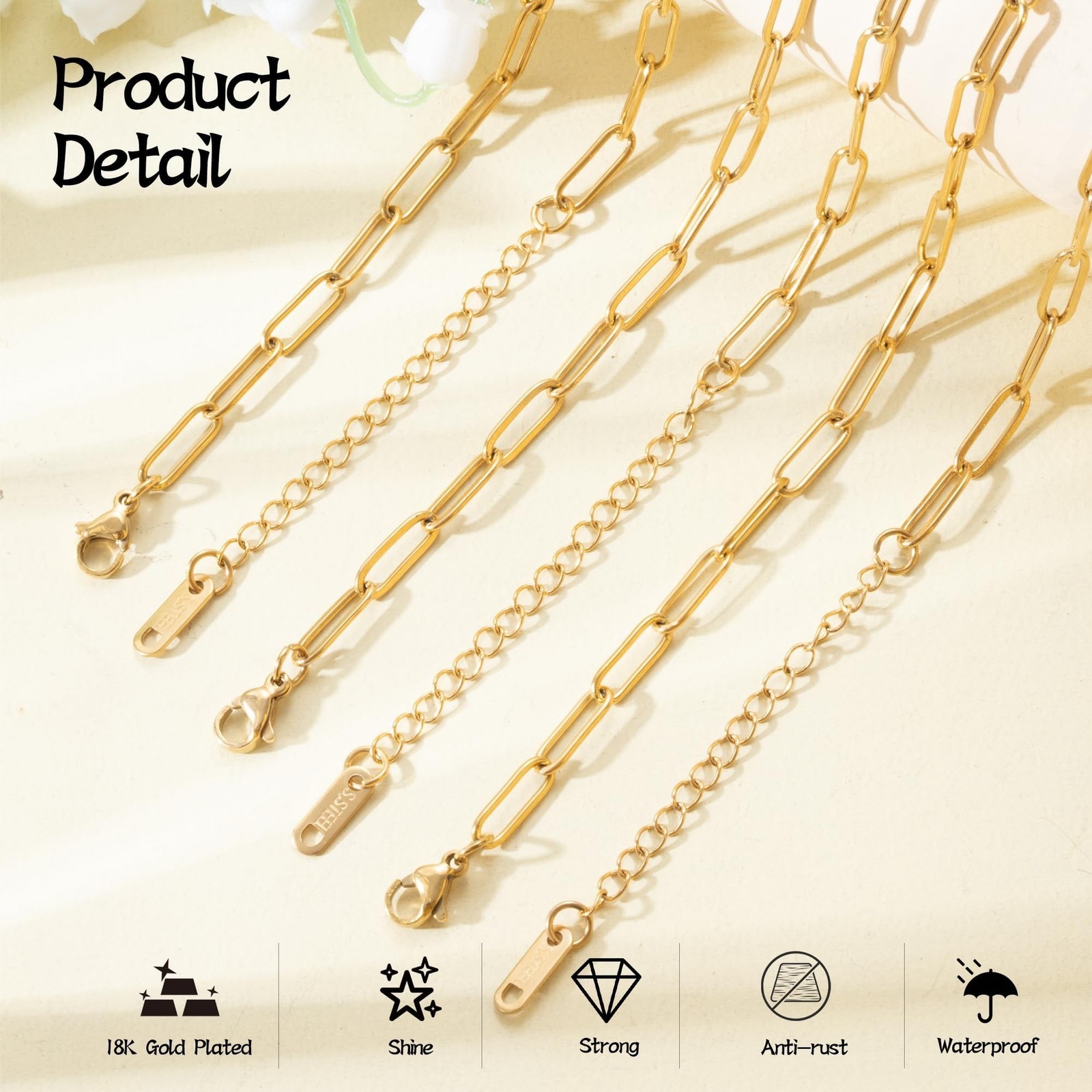 10PCS 4mm 18K Gold Plated 16Inch Paperclip Chain Necklace for Women with 10PC…