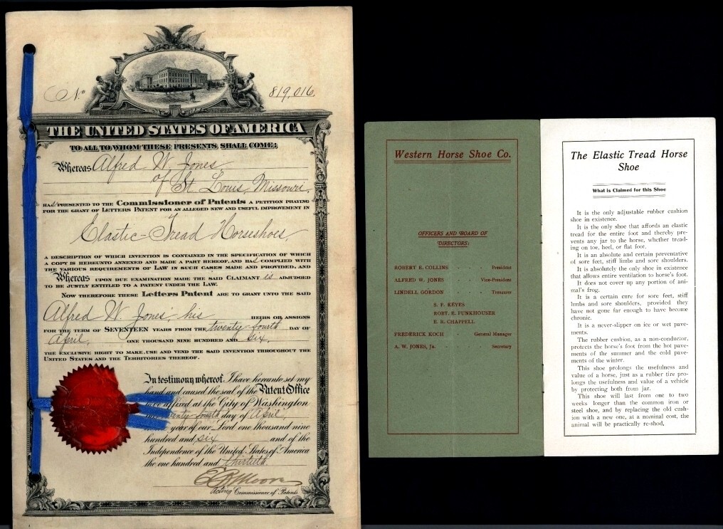 1906 Horseshoes – Patent for ELASTIC TREAD HORSESHOES – Western Horseshoe Co