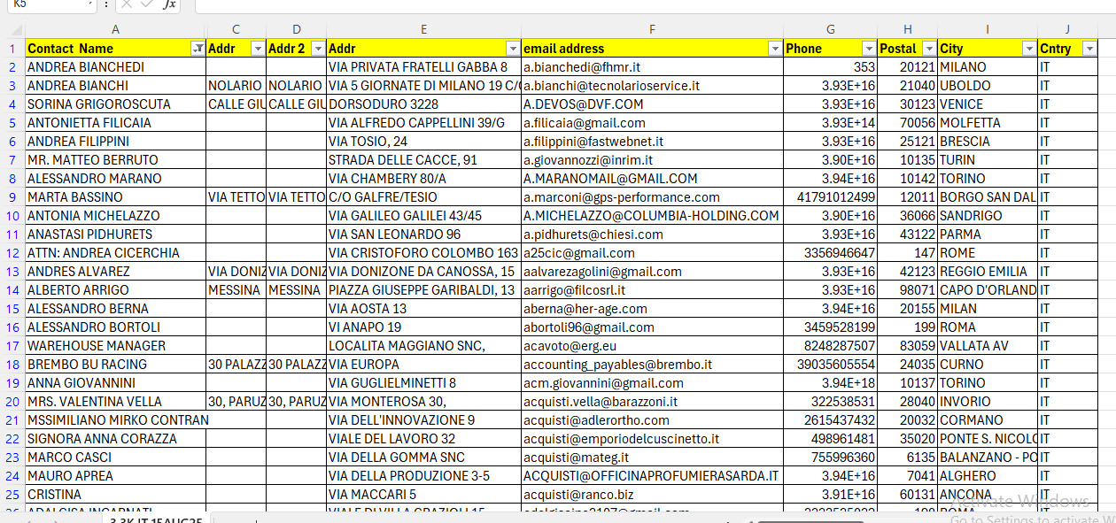 500K Italy Customers Email Database – B2C Contact leads list (Excel file)