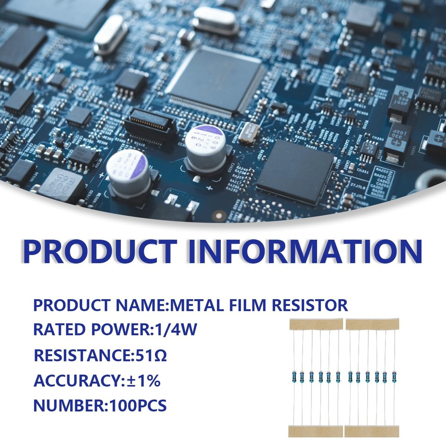 100 Pcs 1/4W 1% Tolerance 51 Ohm Metal Film Resistor Resistance for DIY Proje…