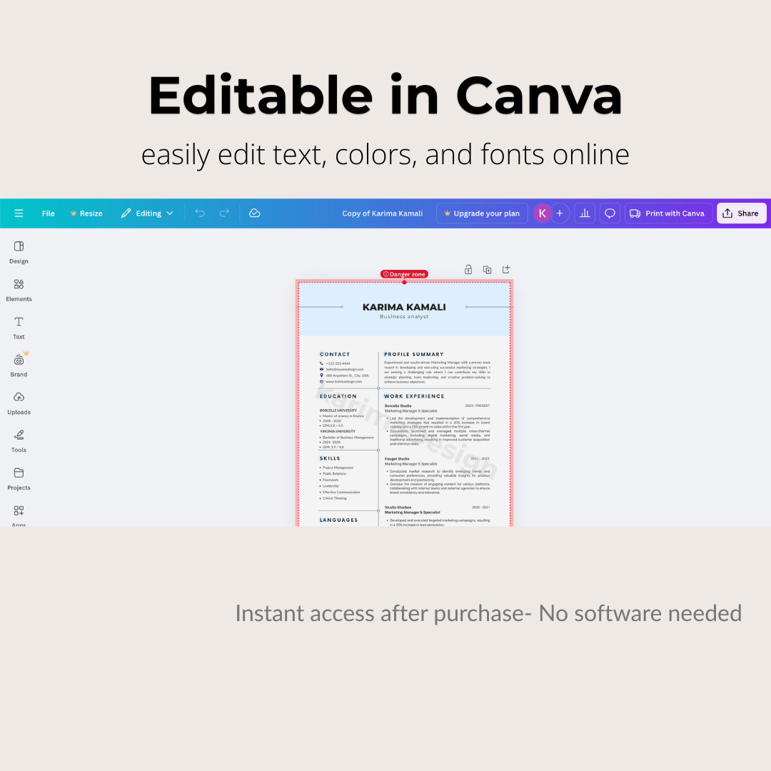 Editable Canva Resume Template | Modern Professional CV | Instant Download