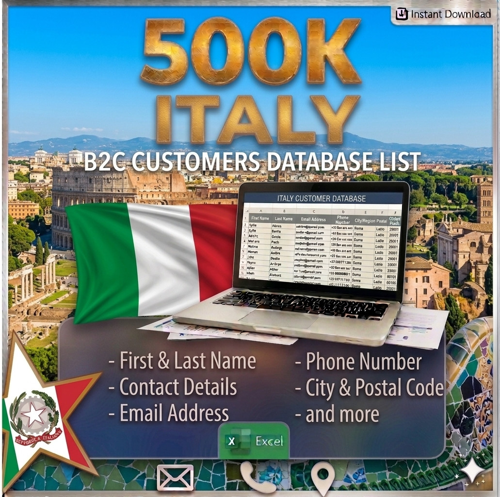500K Italy Customers Email Database – B2C Contact leads list (Excel file)