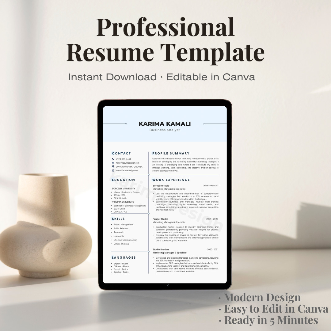 Editable Canva Resume Template | Modern Professional CV | Instant Download