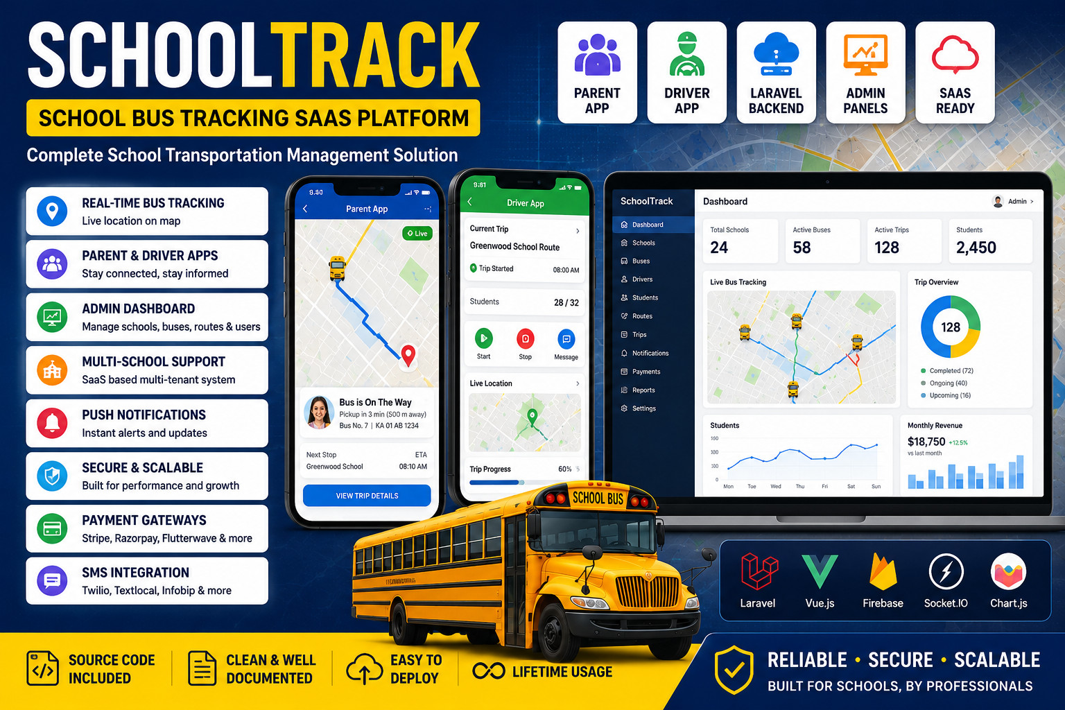 SchoolTrack – School Bus Tracking SaaS | Android Parent & Driver Apps + Laravel