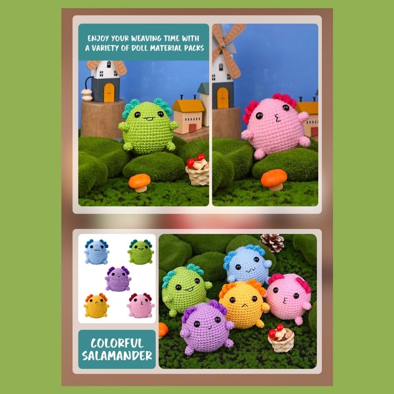 DIY Salamander Crochet Kits Including Crochet Hook, Yarns, Needle, Plastic Eyes
