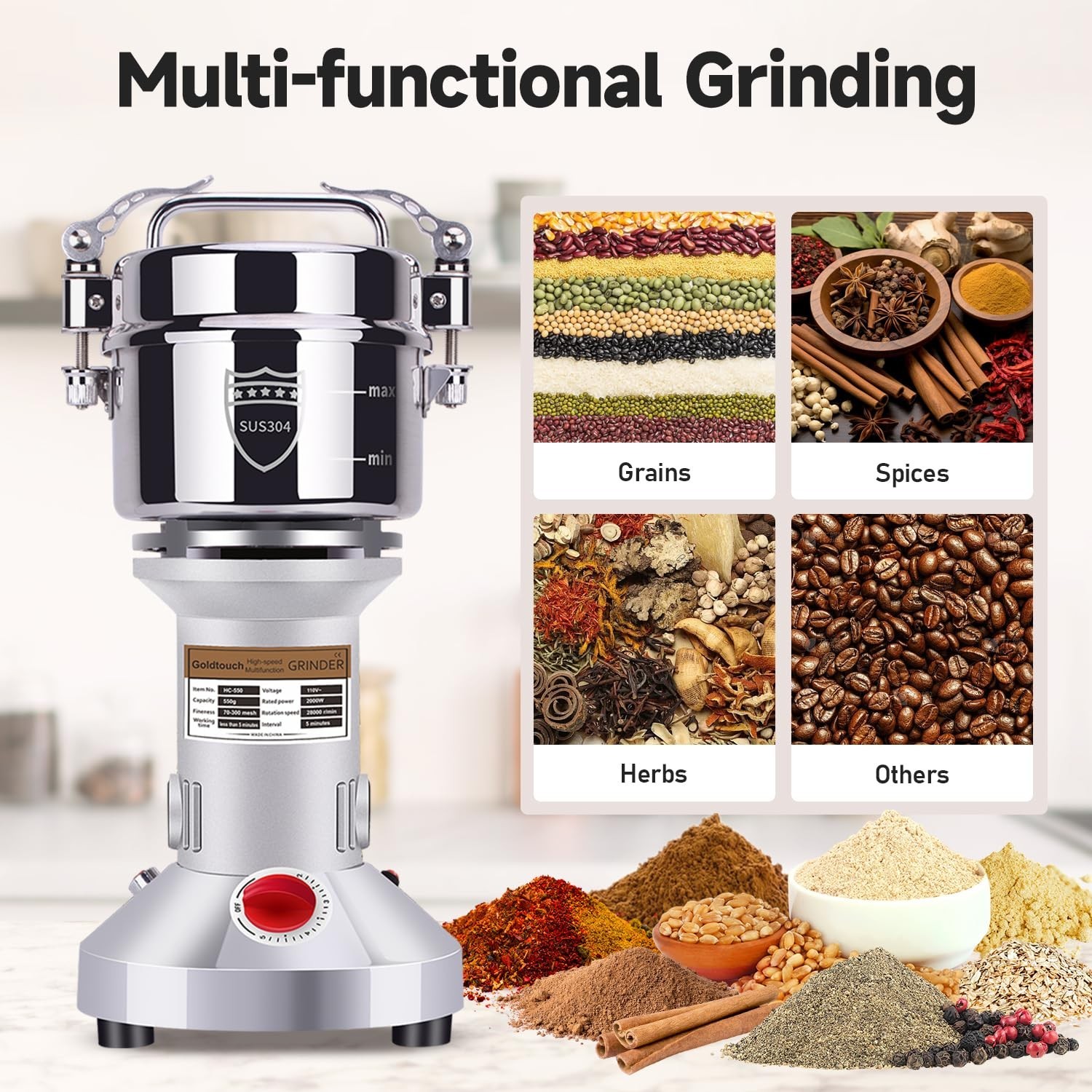 Goldtouch 550g Grain Mill Grinder 2000W Electric Stainless Steel Grain Grinde…