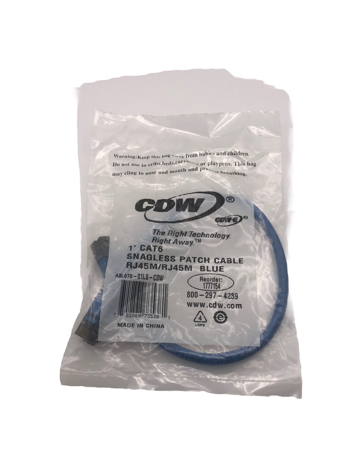 CDW 1” Cat6 Snagless Patch Cable RJ45M/RJ45M Blue