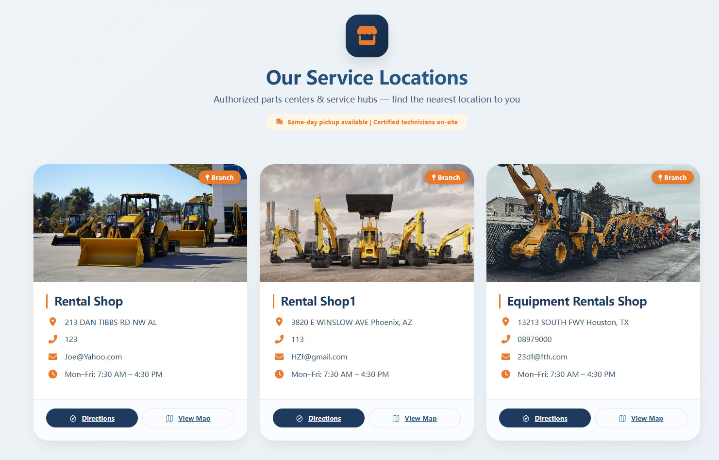 Construction Equipments rental Website