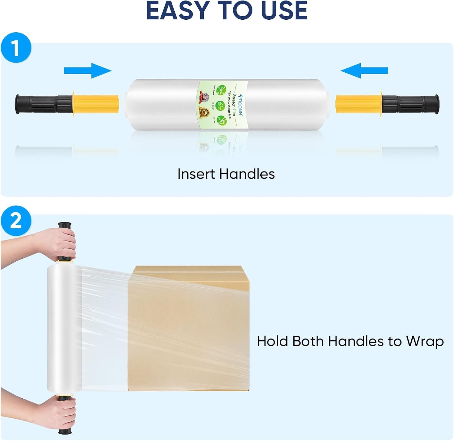 TICONN Stretch Wrap Film 1000ft Roll with Handles Industrial Strength Packing Cl