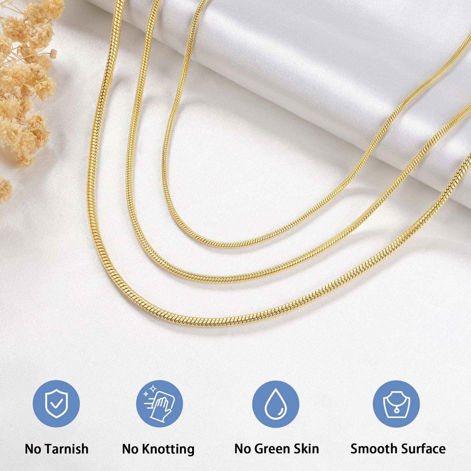 1.5mm Snake Chain 925 Sterling Silver Chain Necklace for Women, 18k Gold Plat…