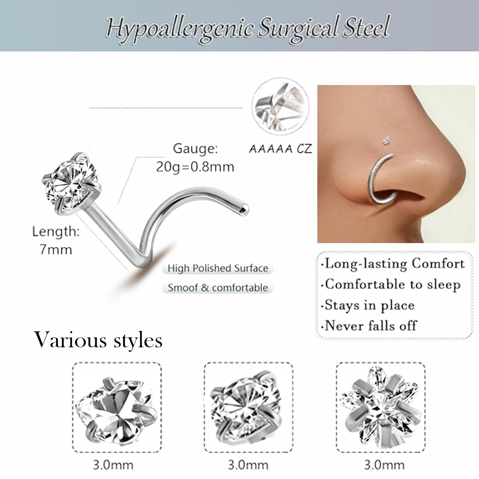 12PCS Hypoallergenic 14K Gold Plated 18G Nose Rings Studs Set for Women Men:3…