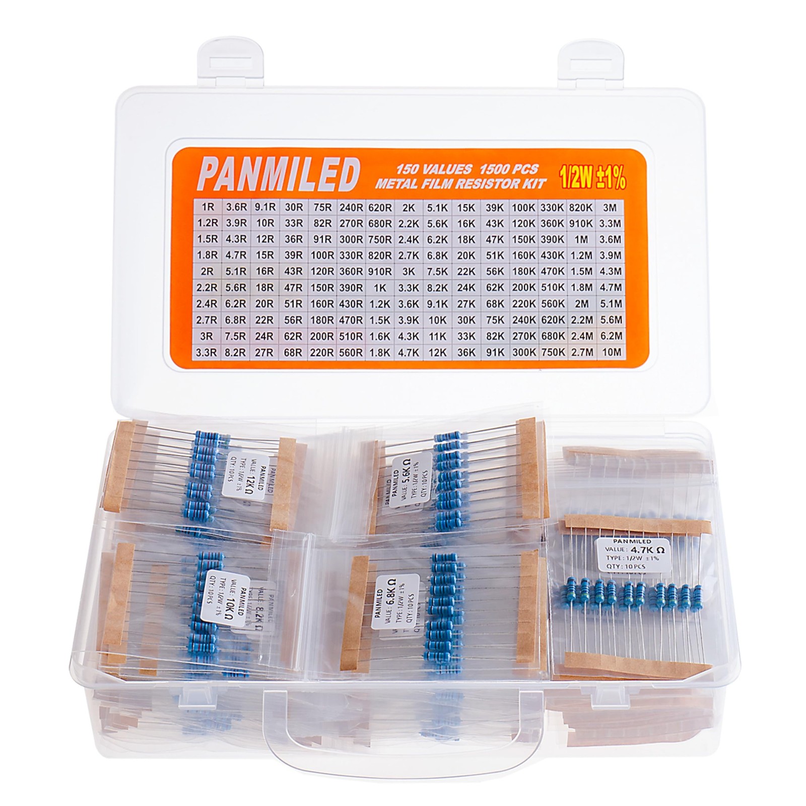 150 Values 1500 Piece Resistor kit 1/2W 1%, 1 ohm -10M ohm Metal Film Resisto…