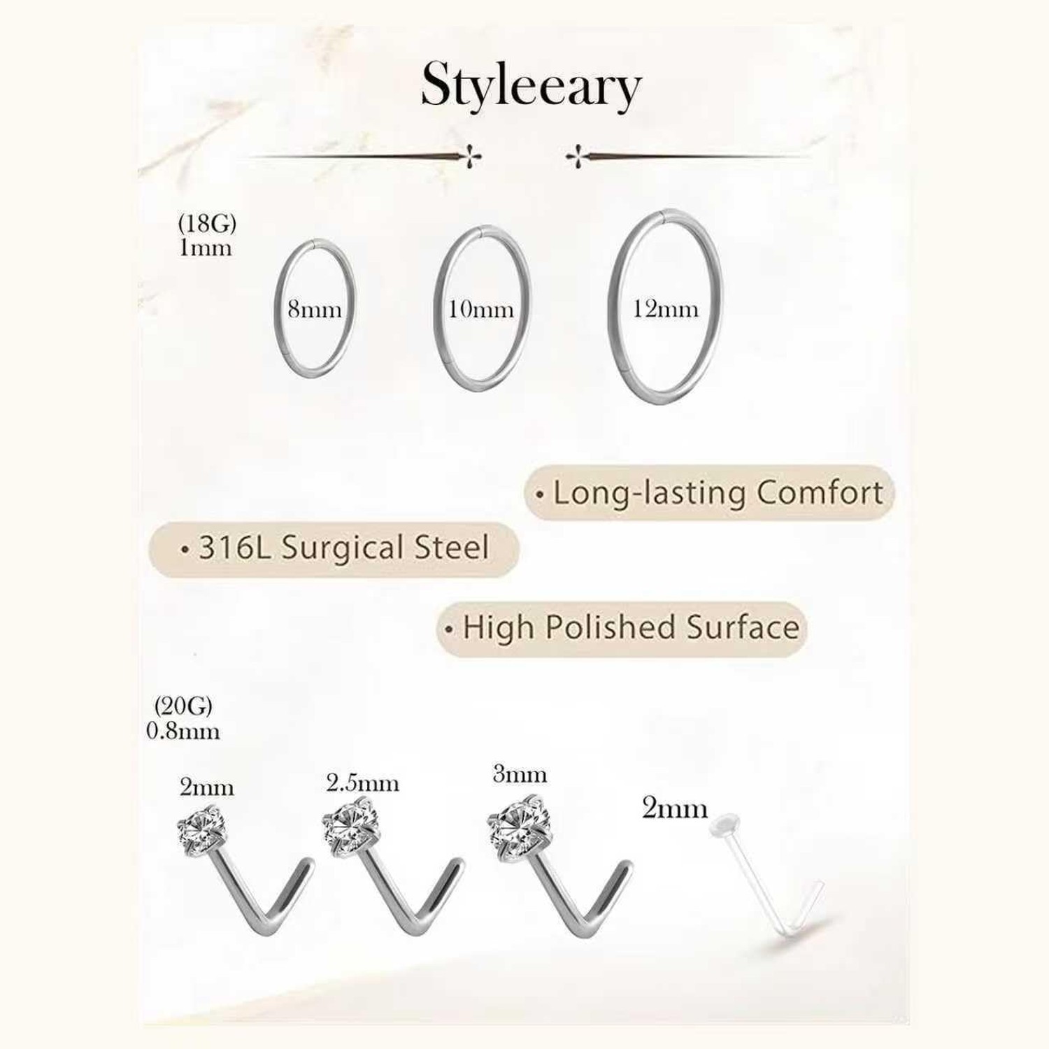 12PCS Hypoallergenic 14K Gold Plated 18G Nose Rings Studs Set for Women Men:3…