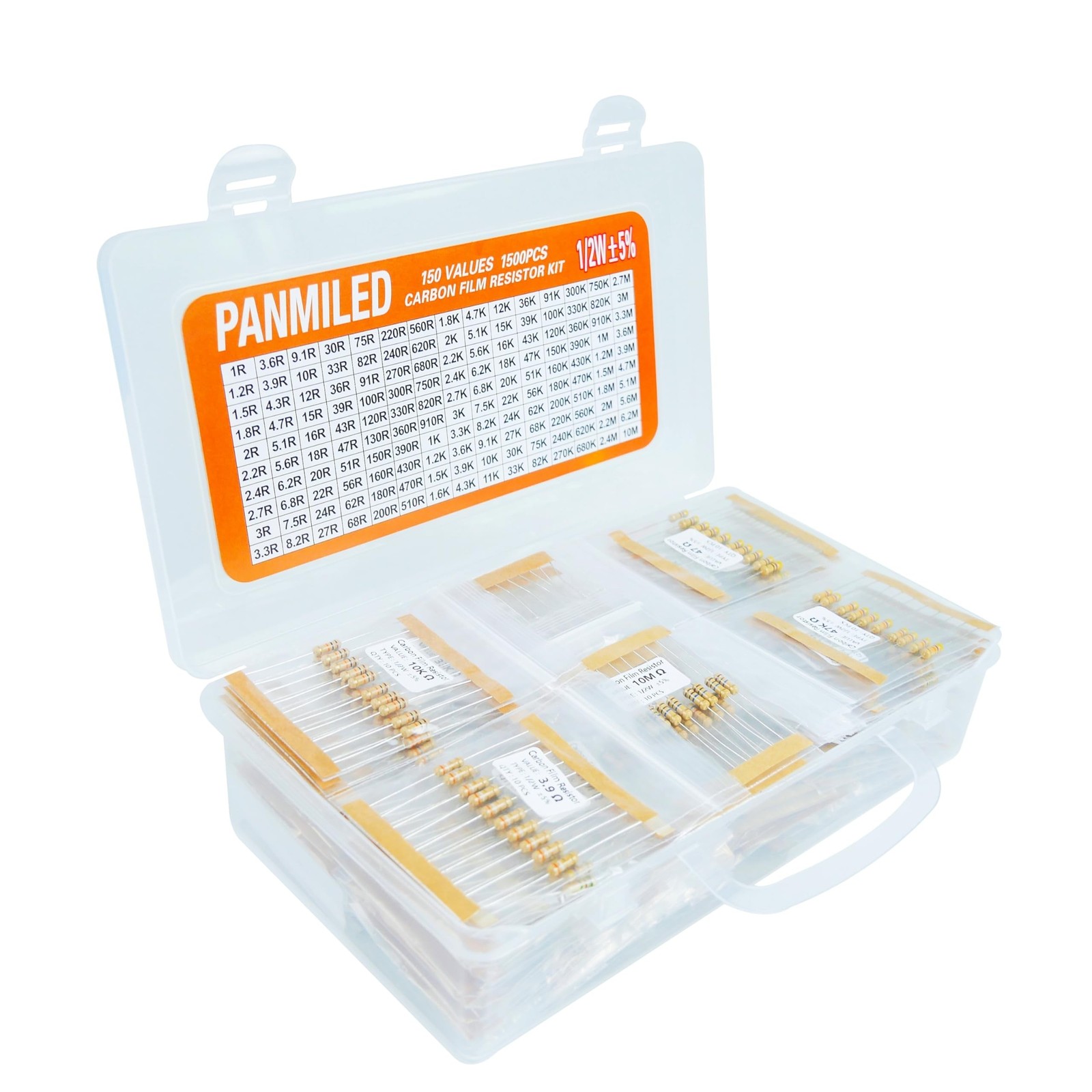 150 Values 1500 Pieces Resistor Kit 1 Ohm-10M Ohm, 1/2W 5% Carbon Film Resist…