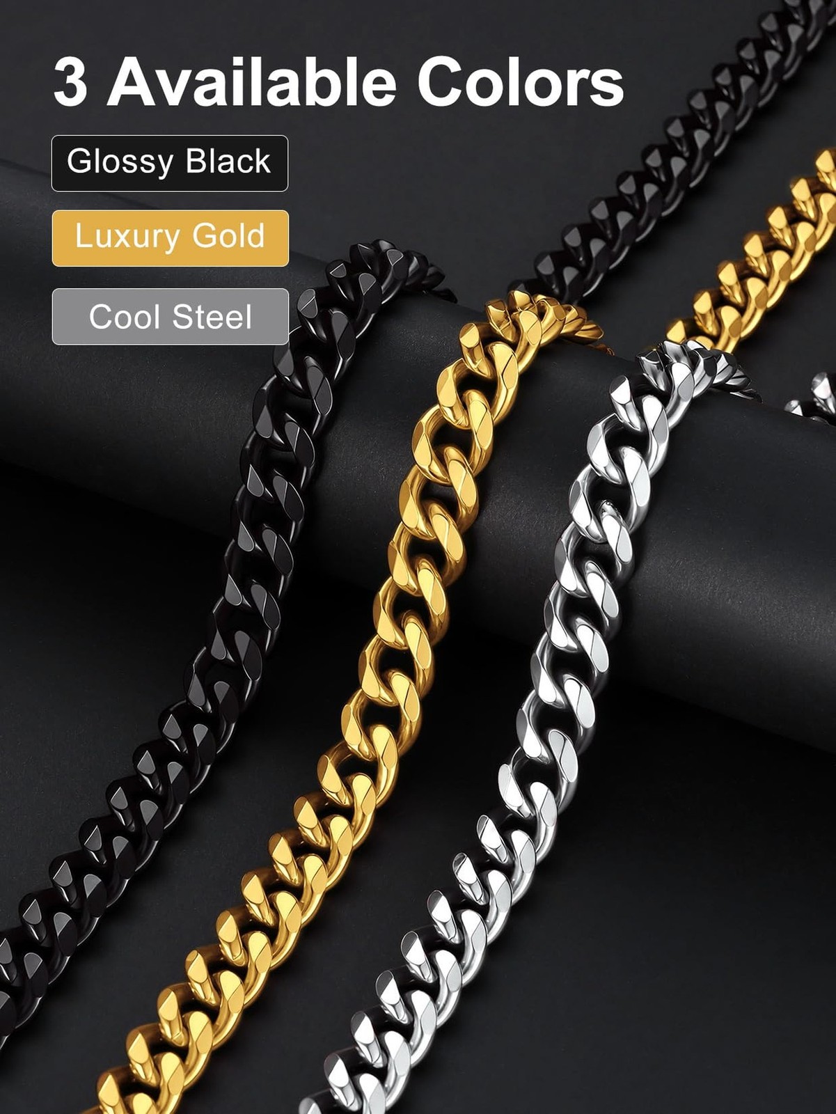 Suplight Cuban Link Chain for Men Women, 18K Gold Plated/Stainless Steel Blac…