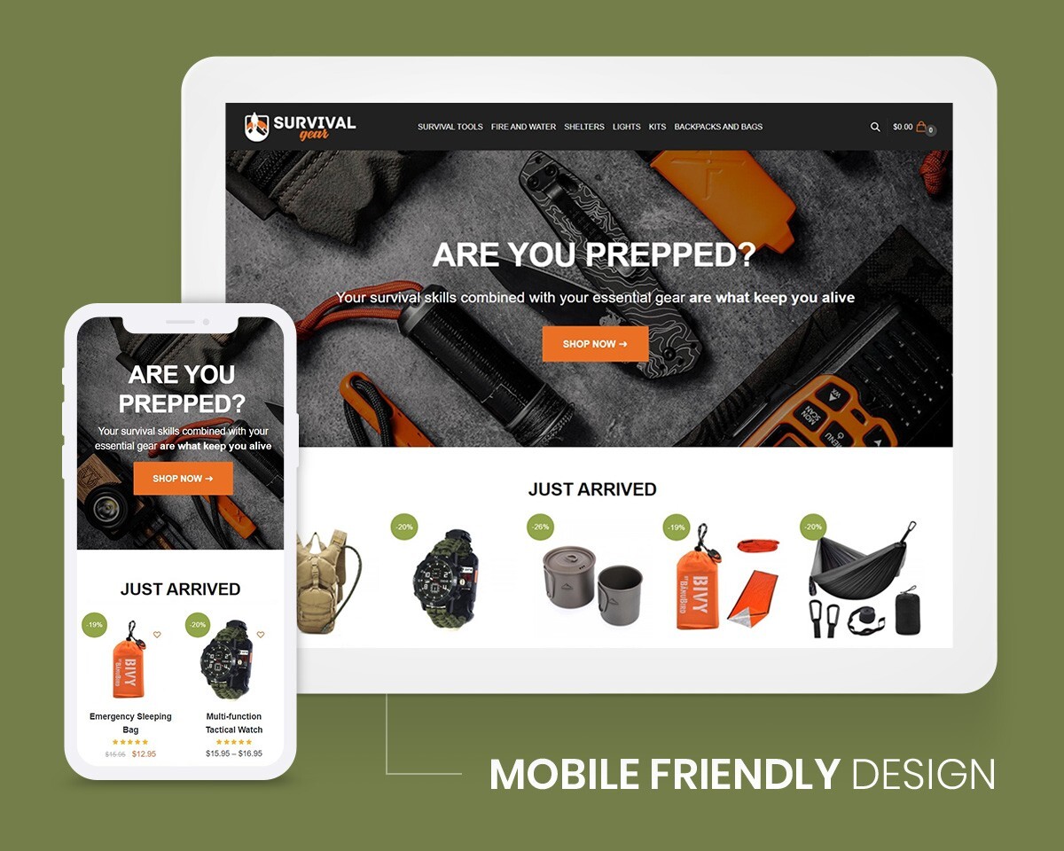 Outdoor Survival Gear Store, Drop Shipping Ecommerce Website + Free Hosting
