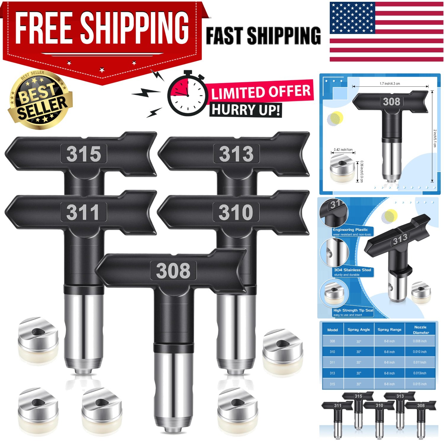 5 Pcs Reversible Airless Spray Tips Set 308 310 311 313 315, Tungsten Carbide…