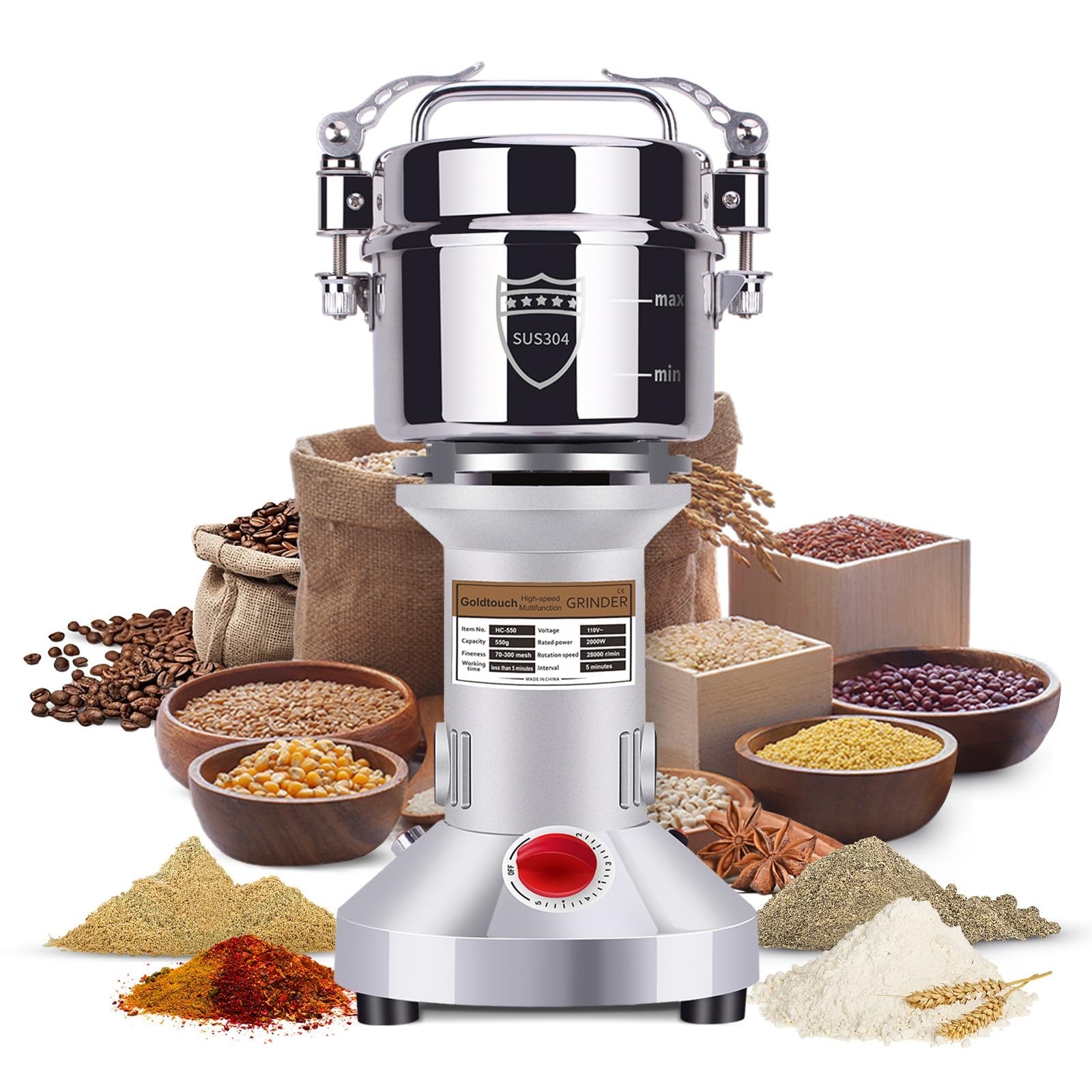 Goldtouch 550g Grain Mill Grinder 2000W Electric Stainless Steel Grain Grinde…