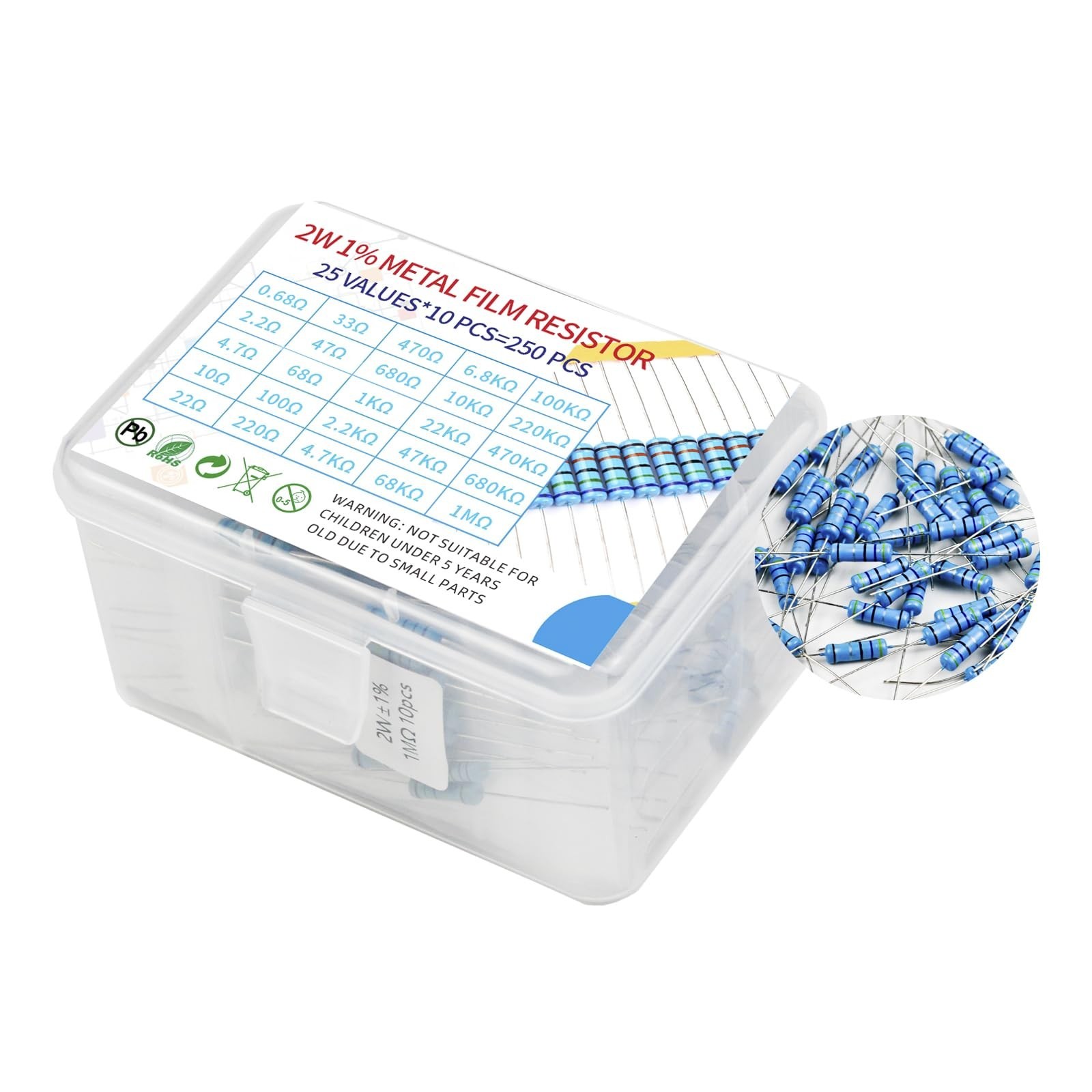 2W 250pcs 25 Value 0.68R-1MR Ω Ohm ±1% Tolerance 0.01 Metal Film Resis