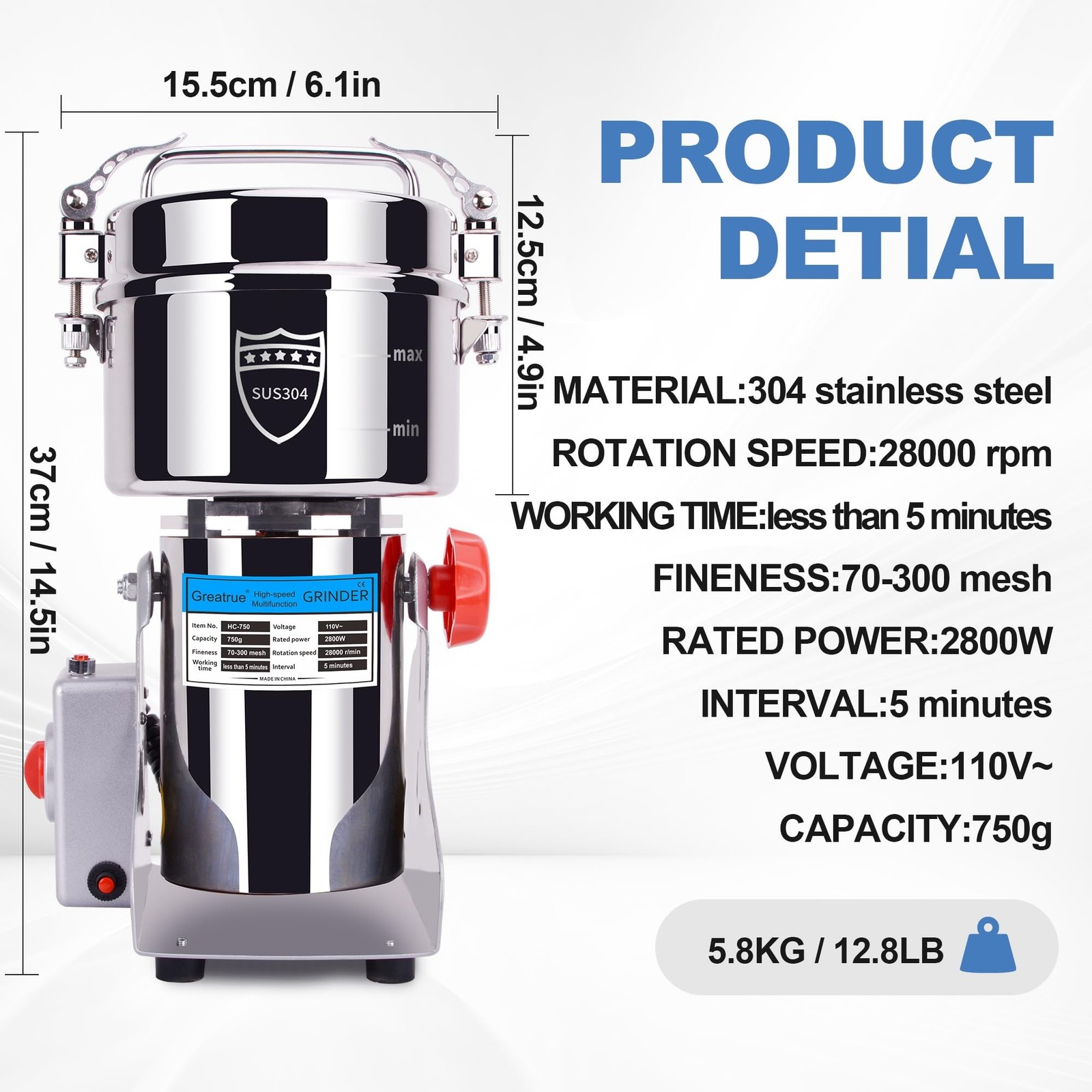Grain Mill Grinder Electric (750g Swing Type+304 Stainless Steel)