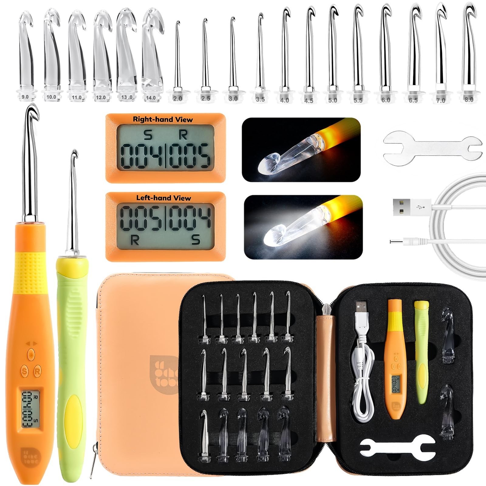 PP OPOUNT 18 Sizes Light Up Crochet Hook Set (2.0–14.0mm) – Plastic Rechar