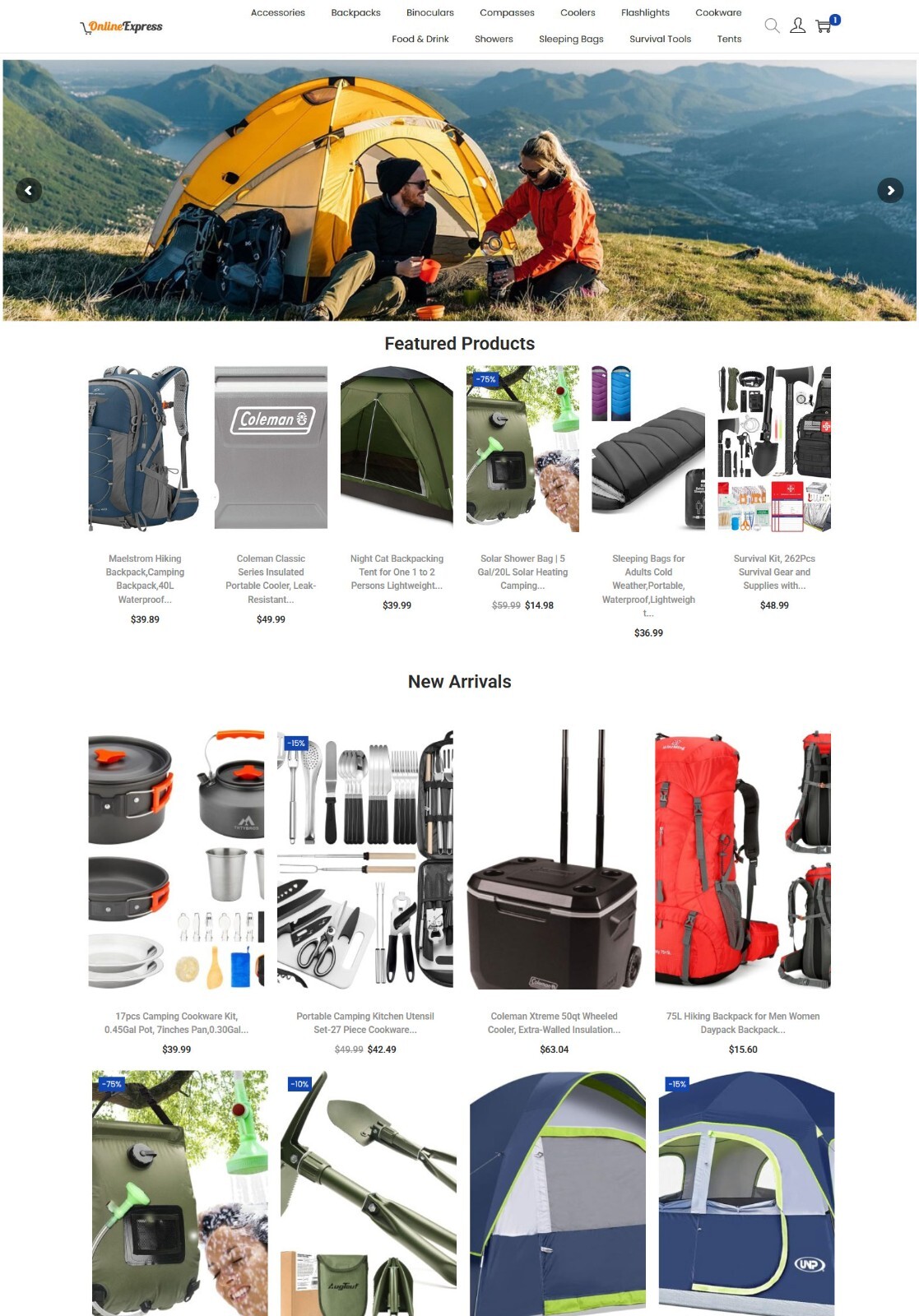 Camping Gear Store Amazon Affiliate/DropShip Website + eCommerce + Free Hosting