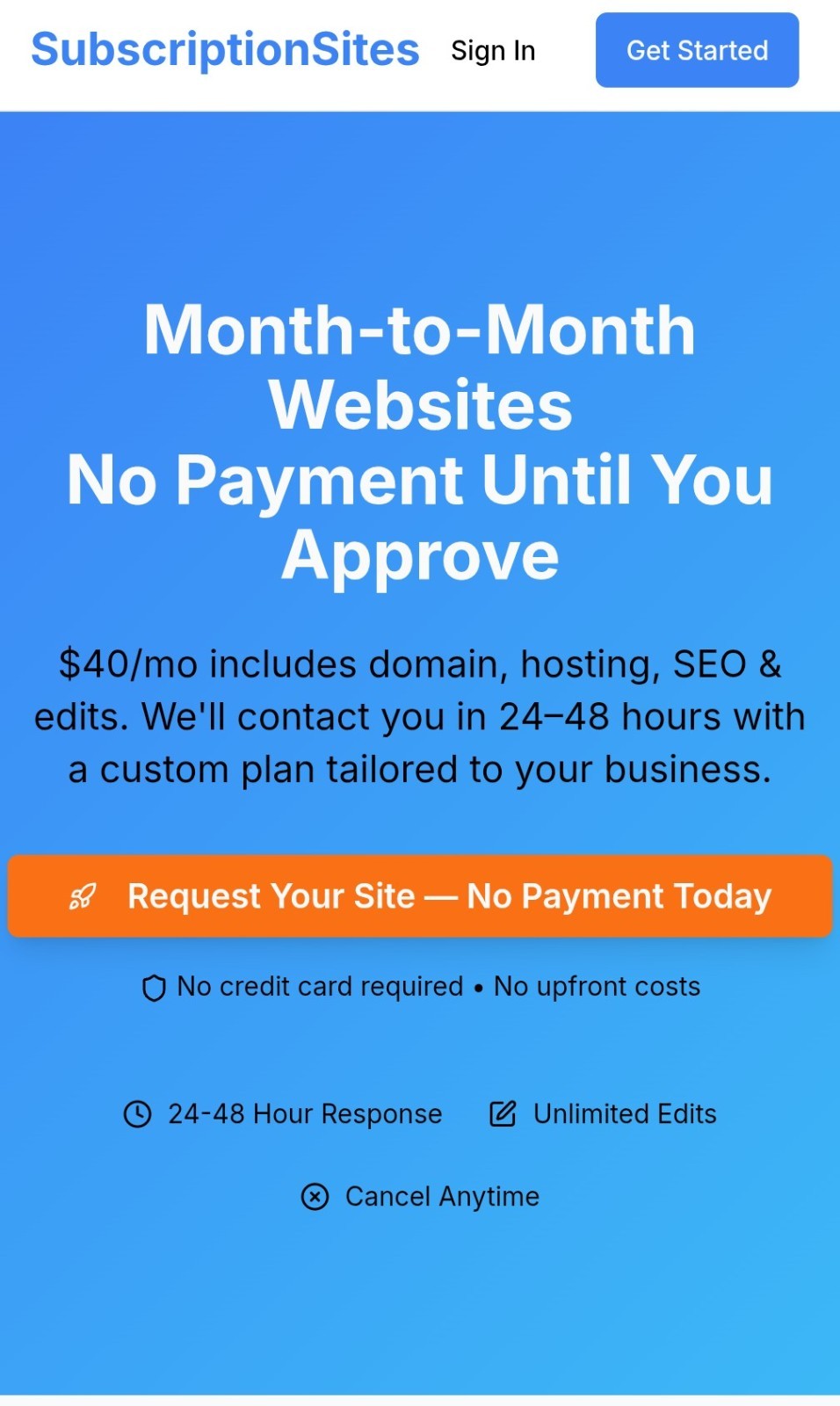 3 months of Service ($120 value) Month To Month Subscription – Custom Website