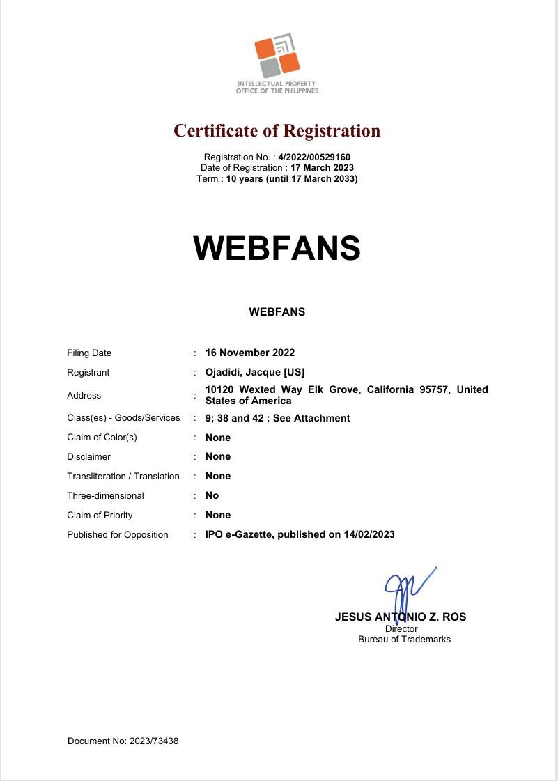 WebFans.com and Approved Trademarks in the: US, EU and the Philippines