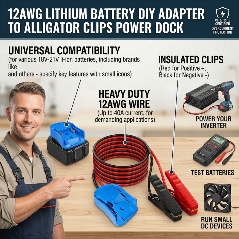 ABS 12Awg Battery Power Adapter With Alligator Clips For Emergency Power Supply