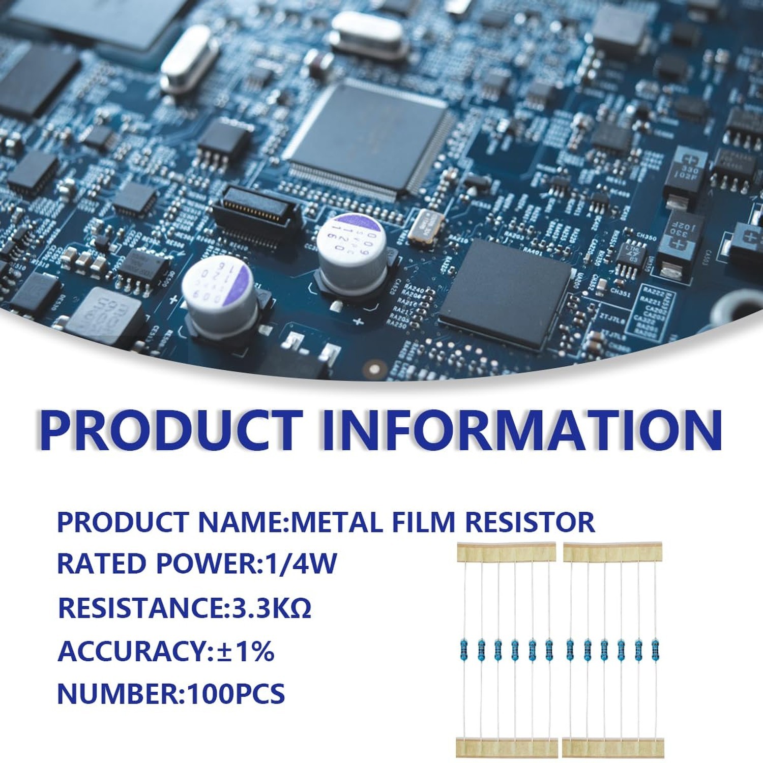 100 Pcs 1/4W 1% Tolerance 3.3K Ohm Metal Film Resistor Resistance for DIY Pro…