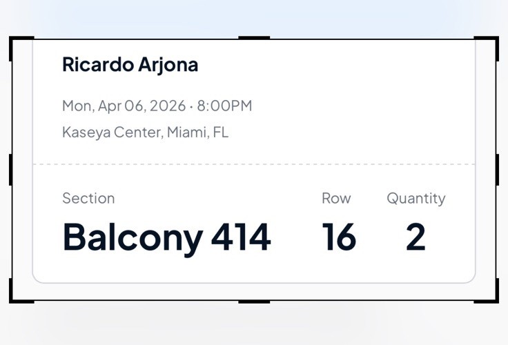 Ricardo Arjona Concert Tickets Kaseya Center Miami Balcony 414 Row 16