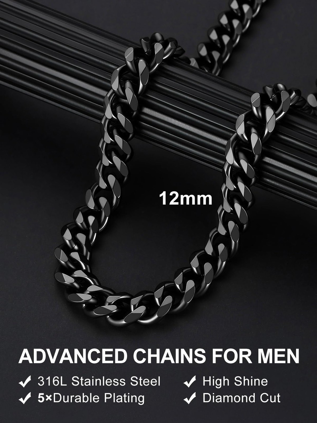 Suplight Cuban Link Chain for Men Women, 18K Gold Plated/Stainless Steel Blac…