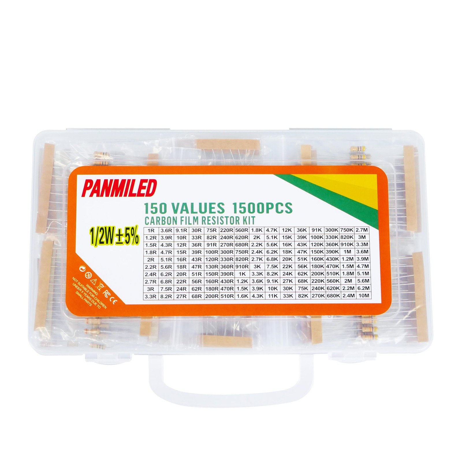 150 Values 1500 Pieces Resistor Kit 1 Ohm-10M Ohm, 1/2W 5% Carbon Film Resist…