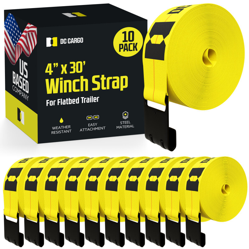 DC Cargo Flatbed Winch Strap with Flat Hook, 4″x30′, 10-pack