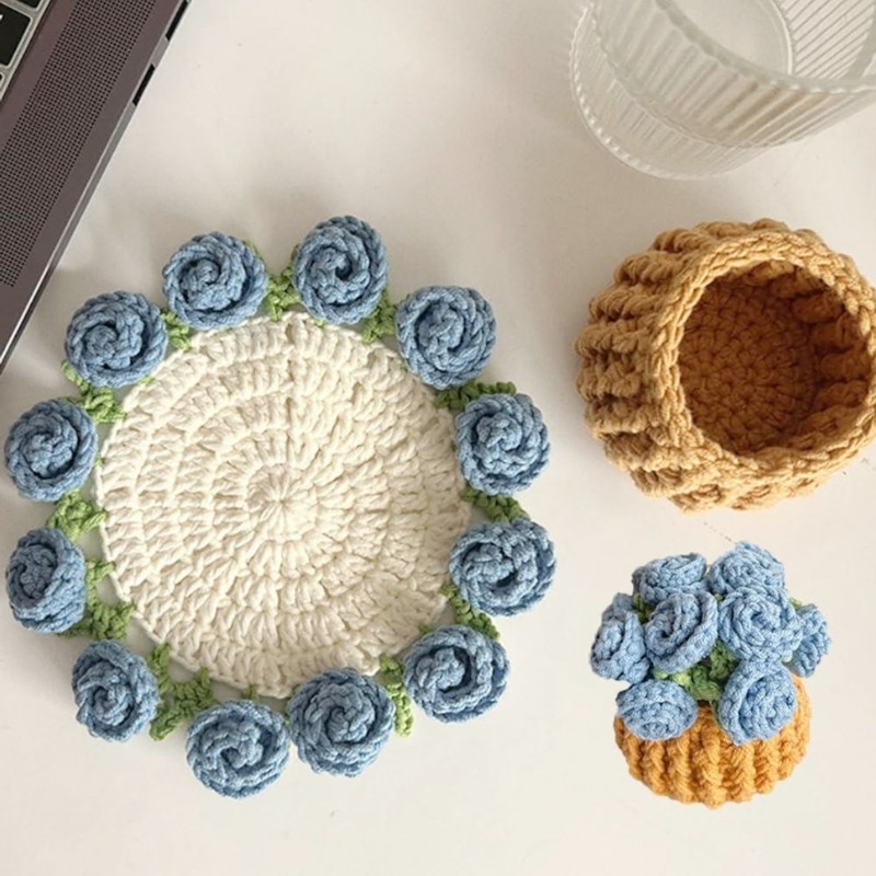 Rose Bouquet Coaster Crochet Starter Kits DIY Flower Crochet Coaster Kits Gift