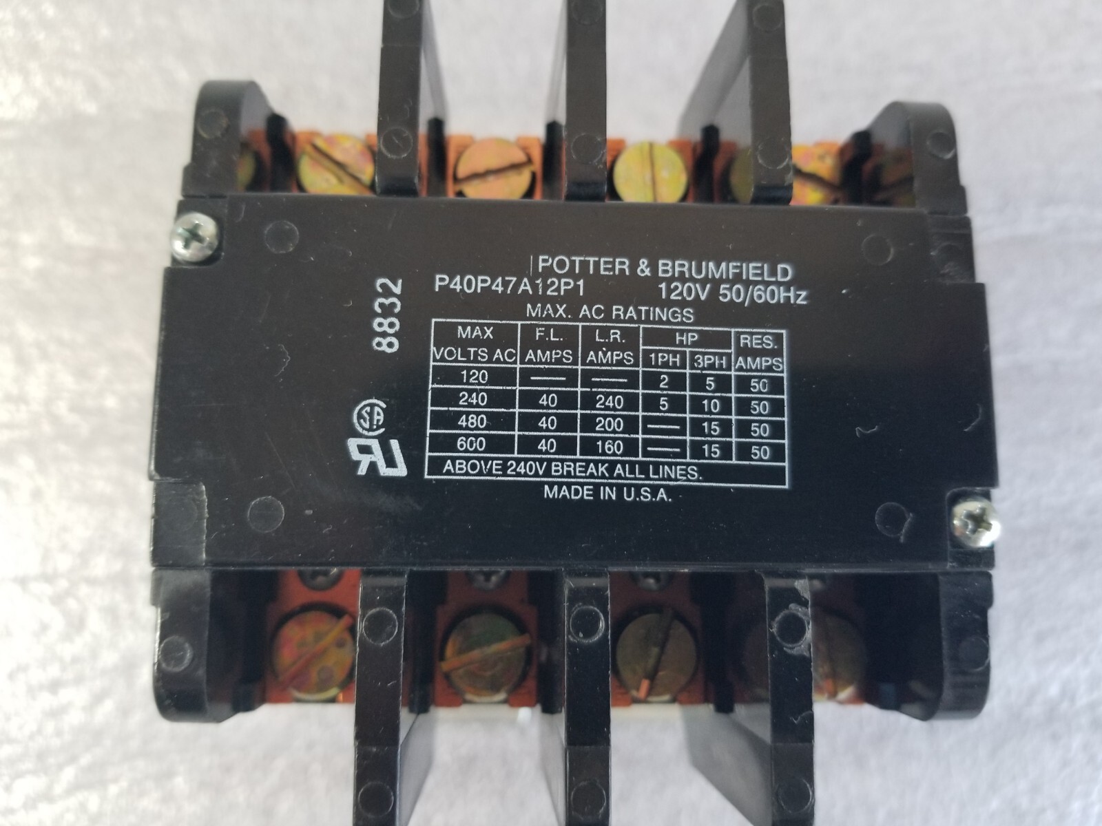 Potter & Brumfield P40P47A12P1-120 Contactor, 120V, 50/60 Hz, Made-In-The-USA