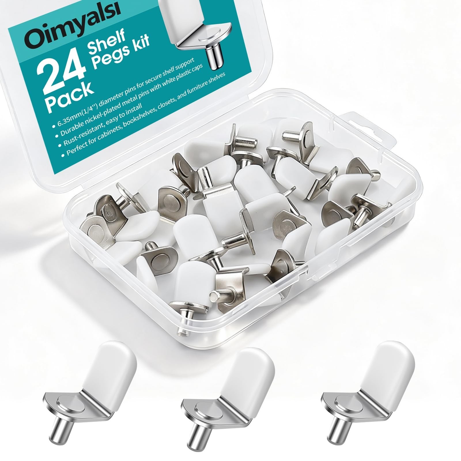 24 Pack Shelf Pegs 1/4 Inch (6.35mm) with Storage Box, L-Shaped Pins with Ant…