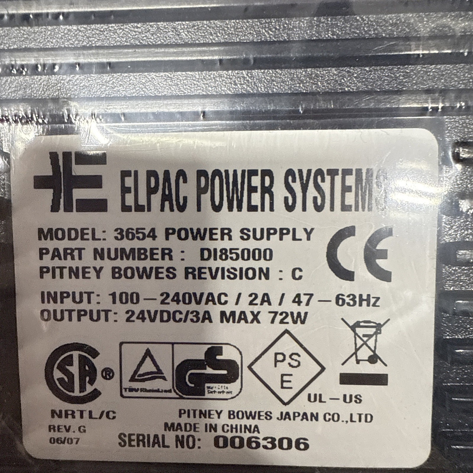 Pitney Bowews Elpac Power Systems 3654-2 F784200 Power Supply 24 VDC 3 Amp